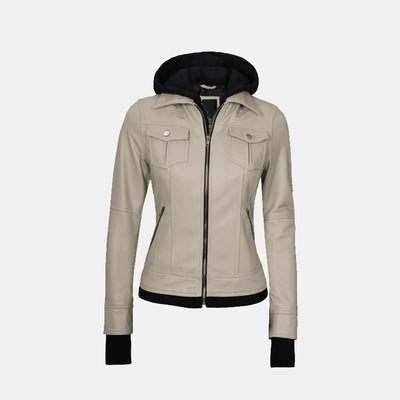 Coral Cove Women'sHooded Leather Jacket with Removable Hood