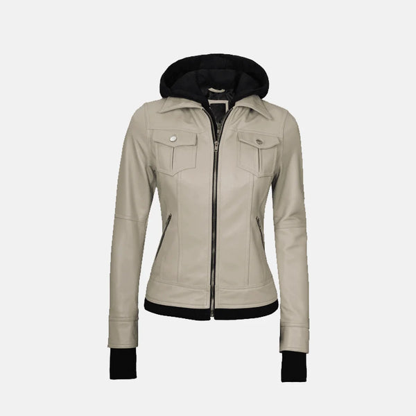 Coral Cove Women's  Hooded Leather Jacket with Removable Hood
