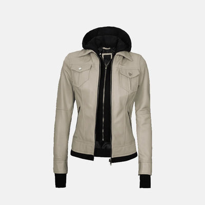 Coral Cove Women'sHooded Leather Jacket with Removable Hood