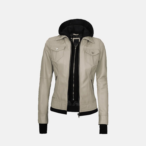 Coral Cove Women's  Hooded Leather Jacket with Removable Hood