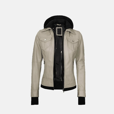 Coral Cove Women'sHooded Leather Jacket with Removable Hood