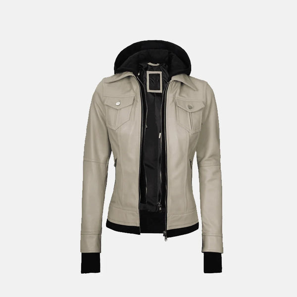 Coral Cove Women's  Hooded Leather Jacket with Removable Hood