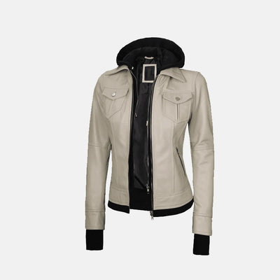 Coral Cove Women'sHooded Leather Jacket with Removable Hood