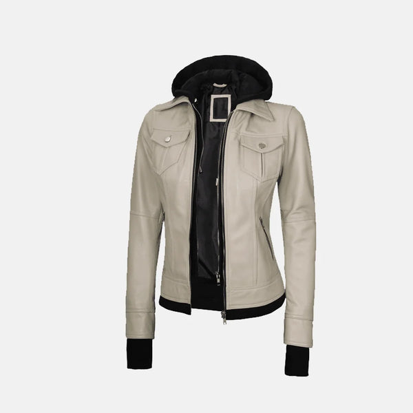 Coral Cove Women's  Hooded Leather Jacket with Removable Hood