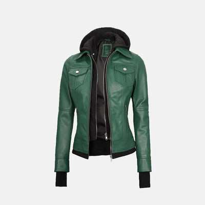 Coral Cove Women'sHooded Leather Jacket with Removable Hood