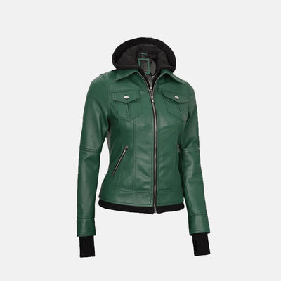 Coral Cove Women'sHooded Leather Jacket with Removable Hood