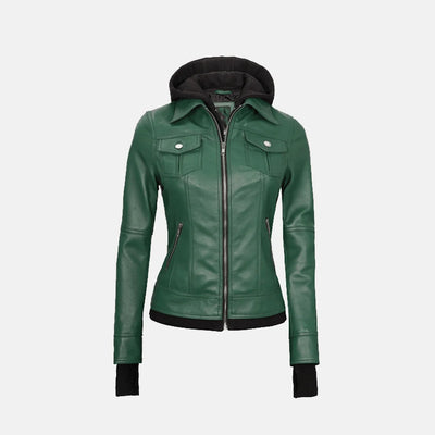 Coral Cove Women'sHooded Leather Jacket with Removable Hood