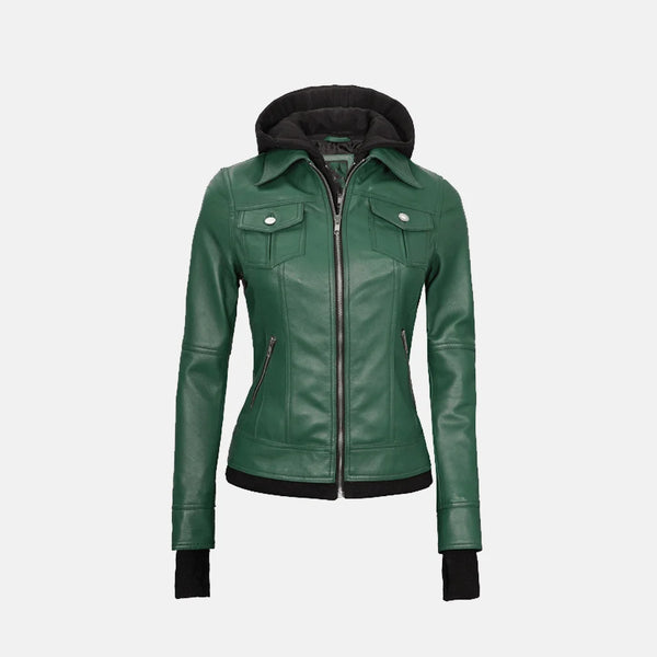 Coral Cove Women's  Hooded Leather Jacket with Removable Hood