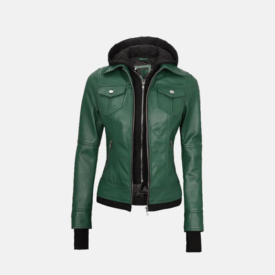 Coral Cove Women'sHooded Leather Jacket with Removable Hood