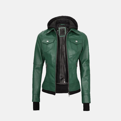 Coral Cove Women'sHooded Leather Jacket with Removable Hood