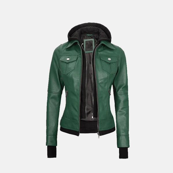 Coral Cove Women's  Hooded Leather Jacket with Removable Hood