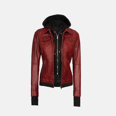Coral Cove Women'sHooded Leather Jacket with Removable Hood