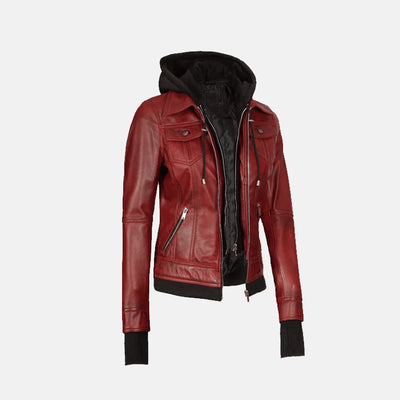 Coral Cove Women'sHooded Leather Jacket with Removable Hood