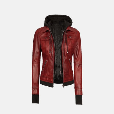Coral Cove Women'sHooded Leather Jacket with Removable Hood
