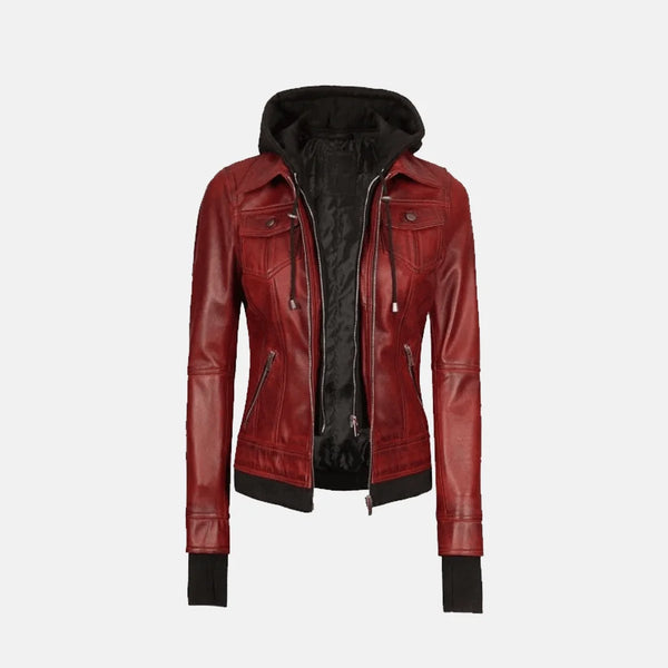 Coral Cove Women's  Hooded Leather Jacket with Removable Hood