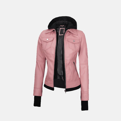 Coral Cove Women'sHooded Leather Jacket with Removable Hood
