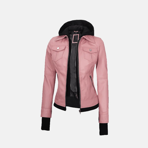 Coral Cove Women's  Hooded Leather Jacket with Removable Hood
