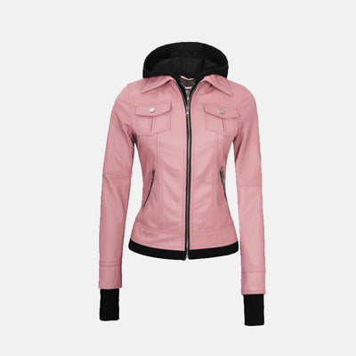 Coral Cove Women'sHooded Leather Jacket with Removable Hood