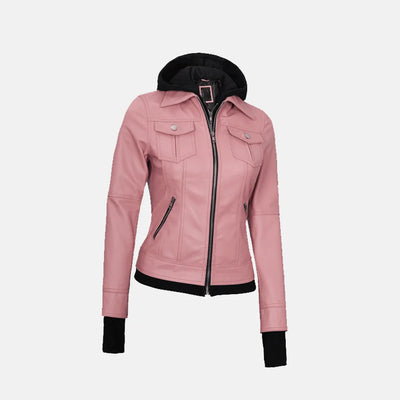 Coral Cove Women'sHooded Leather Jacket with Removable Hood
