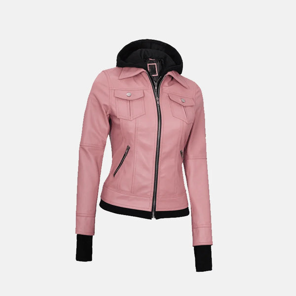 Coral Cove Women's  Hooded Leather Jacket with Removable Hood