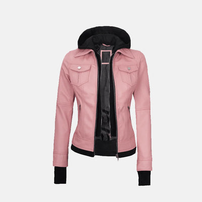 Coral Cove Women'sHooded Leather Jacket with Removable Hood