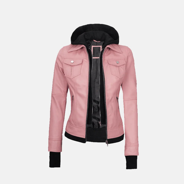 Coral Cove Women's  Hooded Leather Jacket with Removable Hood