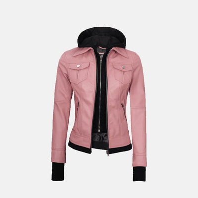 Coral Cove Women'sHooded Leather Jacket with Removable Hood