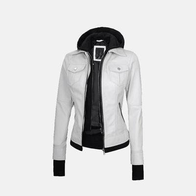Coral Cove Women'sHooded Leather Jacket with Removable Hood