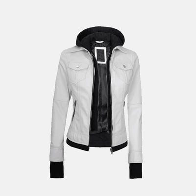 Coral Cove Women'sHooded Leather Jacket with Removable Hood