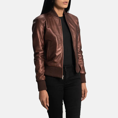 Scarlet Aura Maroon Leather Bomber Jacket for Women